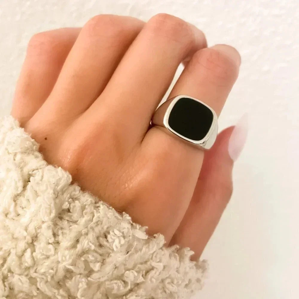 925 Sterling Silver Black Square Ring Chunky Ring Oval Ring Thick Ring